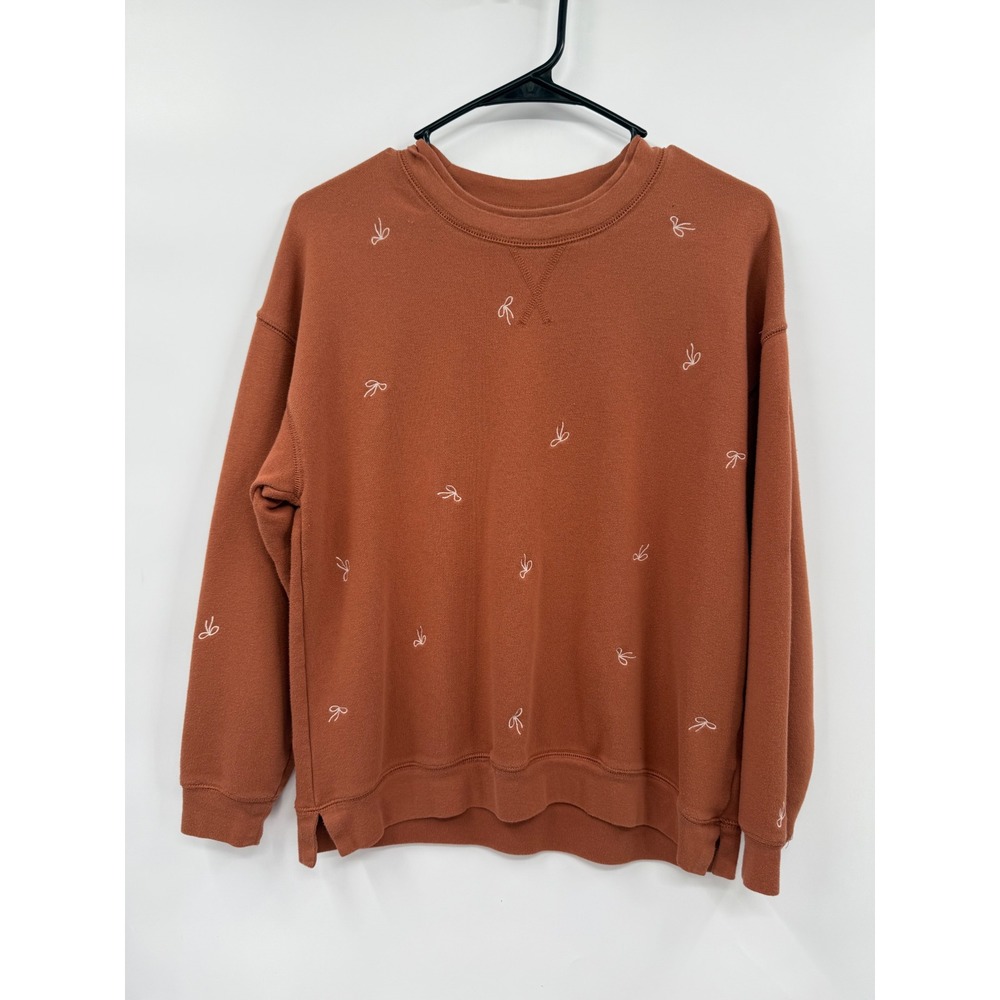 Madewell XXS Bow Embroidered Sweatshirt Womens Rust Brown French Terry Pullover